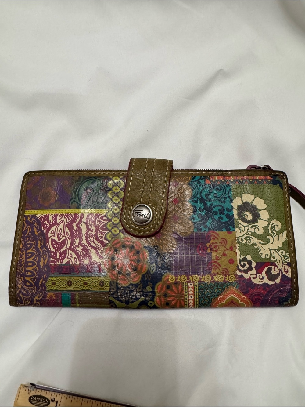 Fossil Multicolor Patchwork Floral Leather Wallet in Brown Trim